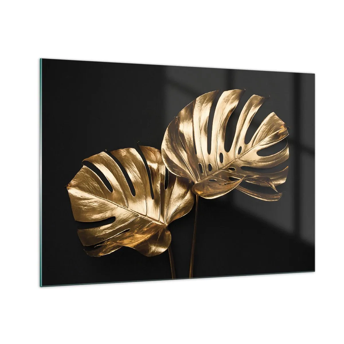 Impression sur verre - Image sur verre - Feuilles de monstera dorées sur fond noir - 100x70cm - Les trésors de la nature - Décoration murale moderne pour le salon et la chambre ARTTOR