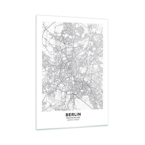 Impression sur verre - Image sur verre - Carte de Berlin en noir et blanc avec un tracé géométrique des rues - 50x70cm - Fleur de Berlin - Décoration murale moderne pour le salon et la chambre ARTTOR