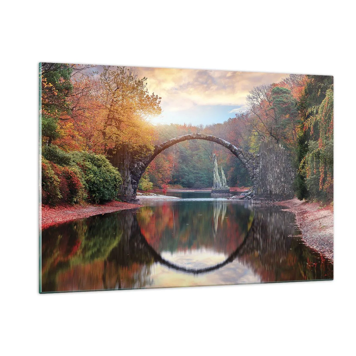 Impression sur verre - Image sur verre - Un pont de pierre se reflétant dans un lac au milieu d'une forêt d'automne - 120x80cm - De l'autre cote du miroir - Décoration murale moderne pour le salon et la chambre ARTTOR