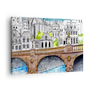Impression sur toile - Image sur toile - Dessin du pont et de l'architecture urbaine historique - 70x50cm - Une ville comme peinte - Décoration murale moderne pour le salon et la chambre ARTTOR