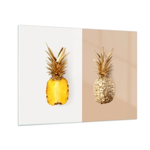 Impression sur verre - Image sur verre - Un ananas tranché et doré sur deux fonds contrastés - 70x50cm - Ananas pour nous - Décoration murale moderne pour le salon et la chambre ARTTOR