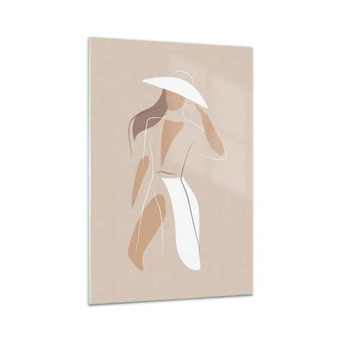 Impression sur verre - Image sur verre - Un dessin minimaliste d'une femme avec un chapeau sur fond beige. - 70x100cm - Lea mode est un jeu - Décoration murale moderne pour le salon et la chambre ARTTOR