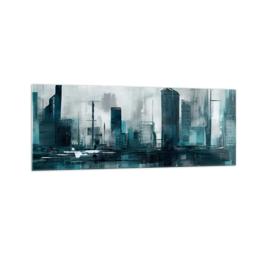 Impression sur verre - Image sur verre - Une ville moderne aux tons turquoise et gris - 140x50cm - Une ville couleur de pluie - Décoration murale moderne pour le salon et la chambre ARTTOR