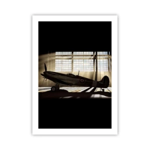 Affiche - Poster - Avion historique dans un hangar avec des rayons de soleil - 50x70cm - Le repos du guerrier - Décoration murale moderne pour le salon et la chambre ARTTOR