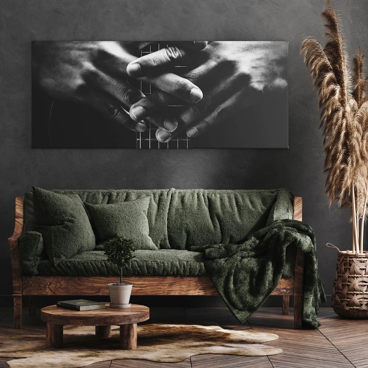 Impression sur toile - Image sur toile - Mains jointes sur une guitare dans un ton monochrome - 140x50cm - Prière d'artiste - Décoration murale moderne pour le salon et la chambre ARTTOR
