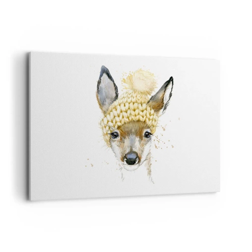 Impression sur toile - Image sur toile - Cerf aquarelle avec une casquette jaune - 120x80cm - Pour l'hiver dans la forêt enneigée - Décoration murale moderne pour le salon et la chambre ARTTOR