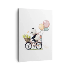 Impression sur toile - Image sur toile - Panda sur un vélo avec des ballons et des fleurs - 50x70cm - Jour de chance - Décoration murale moderne pour le salon et la chambre ARTTOR