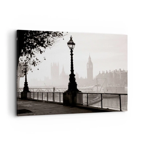Impression sur toile - Image sur toile - Une vue monochrome de Big Ben et de la Tamise. - 100x70cm - Un matin londonien - Décoration murale moderne pour le salon et la chambre ARTTOR