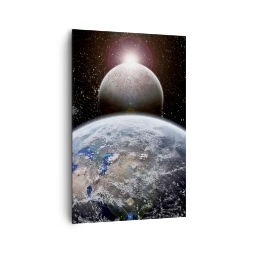 Impression sur toile - Image sur toile - La planète Terre et la Lune sur fond d'espace étoilé. - 80x120cm - Paysage cosmique - lever de soleil - Décoration murale moderne pour le salon et la chambre ARTTOR