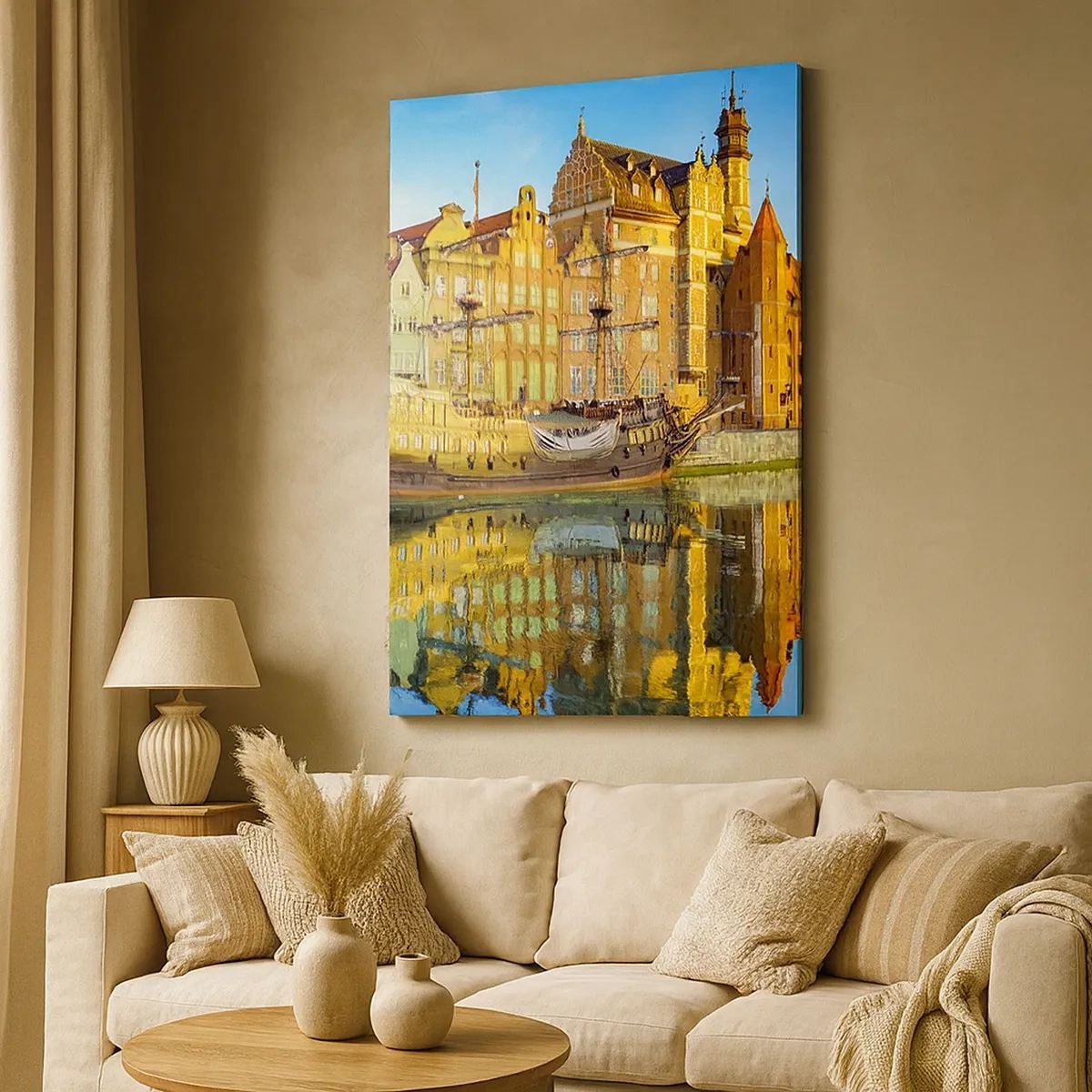 Impression sur toile - Image sur toile - Une vue pittoresque de la vieille ville avec un voilier et de l'eau - 50x70cm - Reflet dans le miroir du passé - Décoration murale moderne pour le salon et la chambre ARTTOR