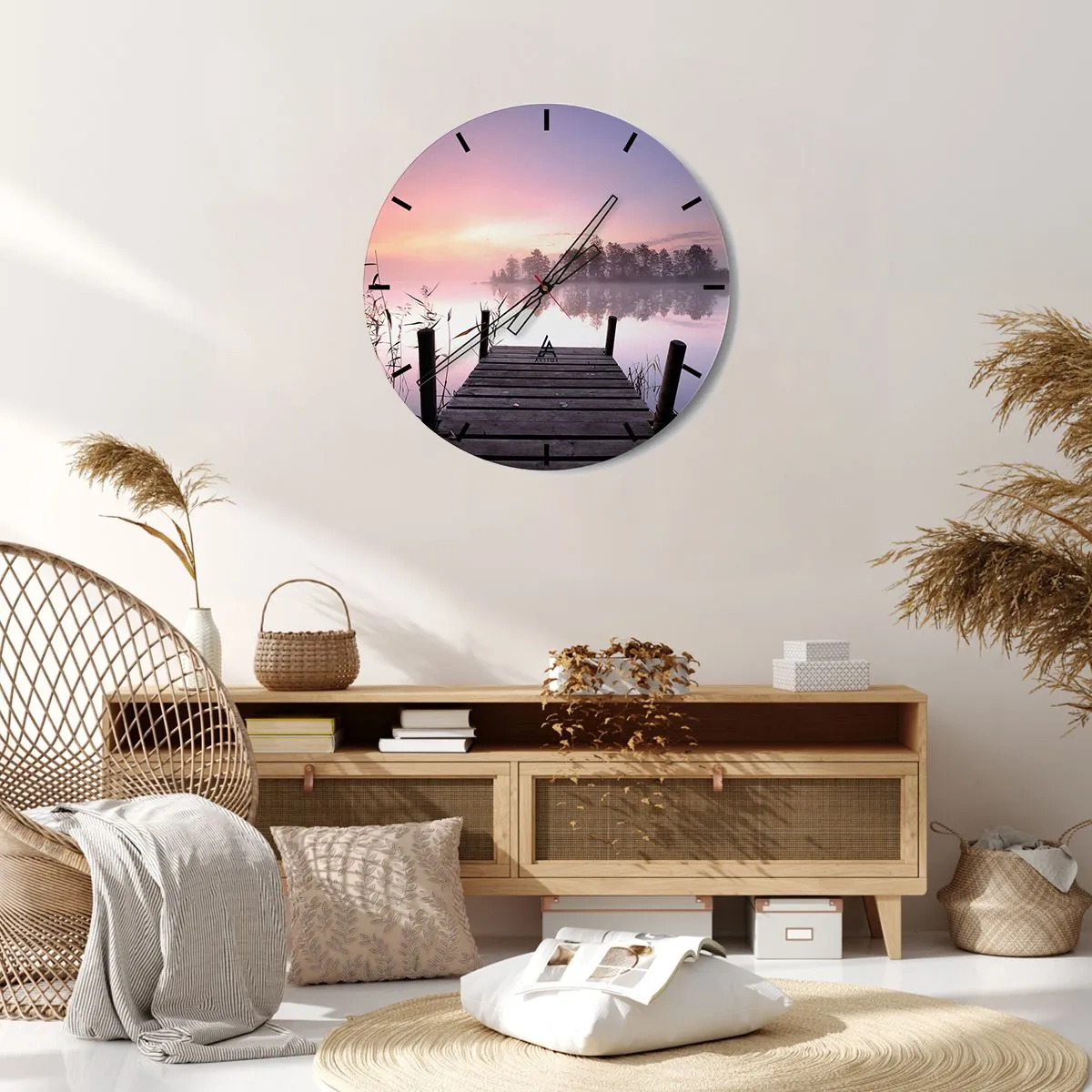 Horloge murale - Pendule murale - Une jetée en bois sur un lac le matin avec un ciel pastel - 30x30cm - De la brume lilas… - Décoration murale moderne pour le salon, la cuisine et la chambre ARTTOR