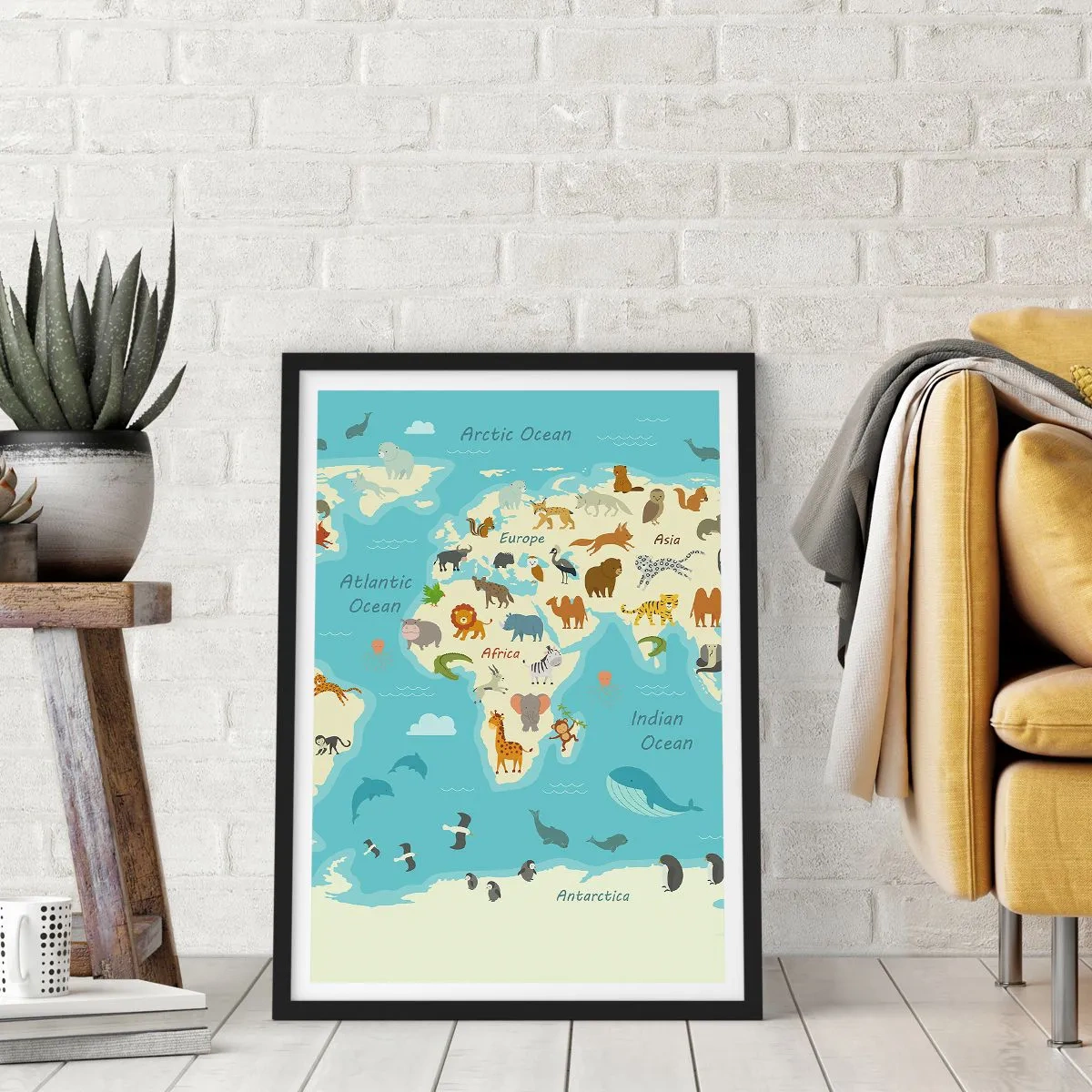 Affiche dans un cadre noir - Poster - Une carte du monde avec des illustrations d'animaux dans différentes régions - 50x70cm - De bons voisins - Décoration murale moderne pour le salon et la chambre ARTTOR