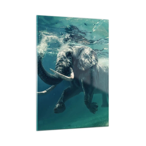 Impression sur verre - Image sur verre - Un éléphant nageant sous l'eau dans l'océan bleu - 50x70cm - Tout le monde aime nager - Décoration murale moderne pour le salon et la chambre ARTTOR