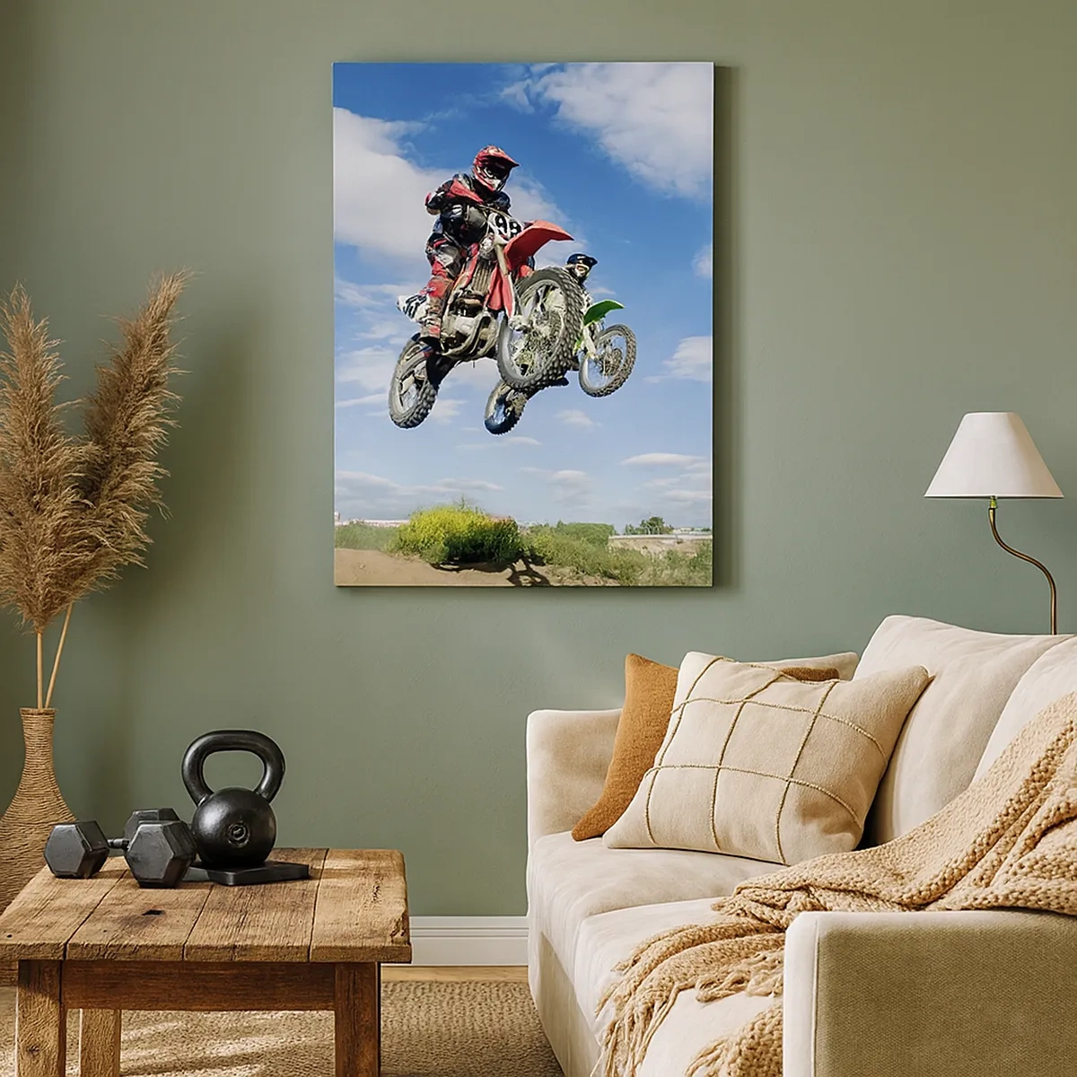 Impression sur toile - Image sur toile - Des pilotes de motocross dans les airs lors d'un saut - 50x70cm - Saut en parachute - Décoration murale moderne pour le salon et la chambre ARTTOR