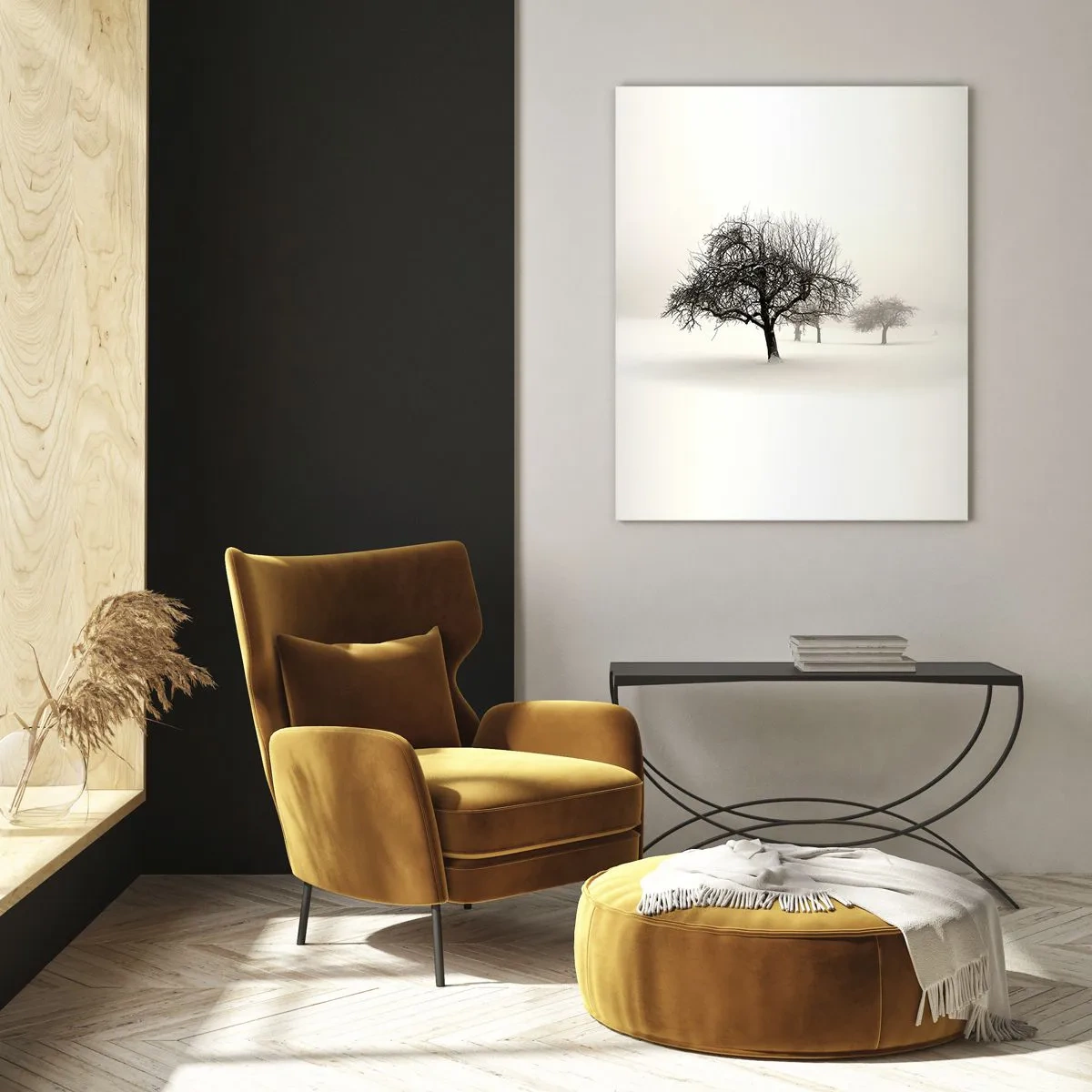 Impression sur verre - Image sur verre - Arbres dans un champ enneigé entouré de brouillard - 80x120cm - Un rêve hivernal - Décoration murale moderne pour le salon et la chambre ARTTOR