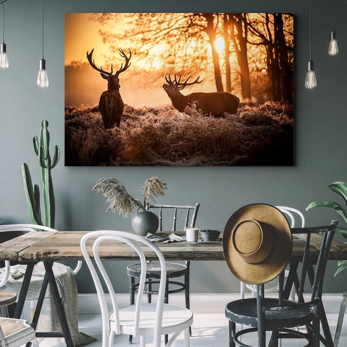 Impression sur toile - Image sur toile - Deux cerfs au coucher du soleil dans un paysage hivernal - 70x50cm - Le rêve d'un chasseur - Décoration murale moderne pour le salon et la chambre ARTTOR