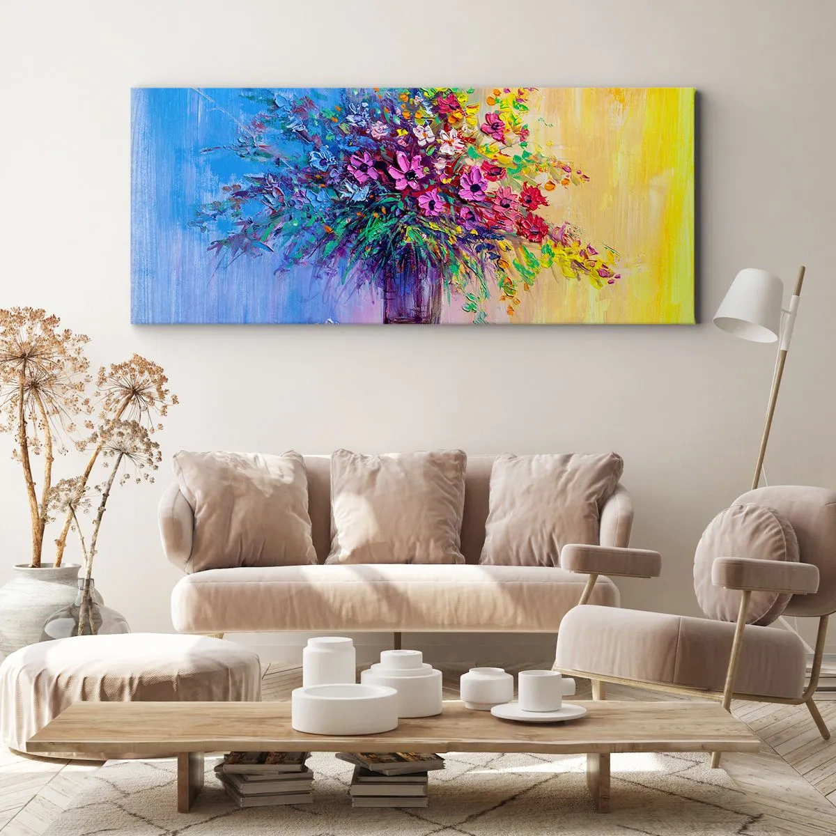 Impression sur toile - Image sur toile - Un bouquet de fleurs colorées dans un vase sur un fond dégradé - 160x50cm - Cadeau d'été de la prairie - Décoration murale moderne pour le salon et la chambre ARTTOR