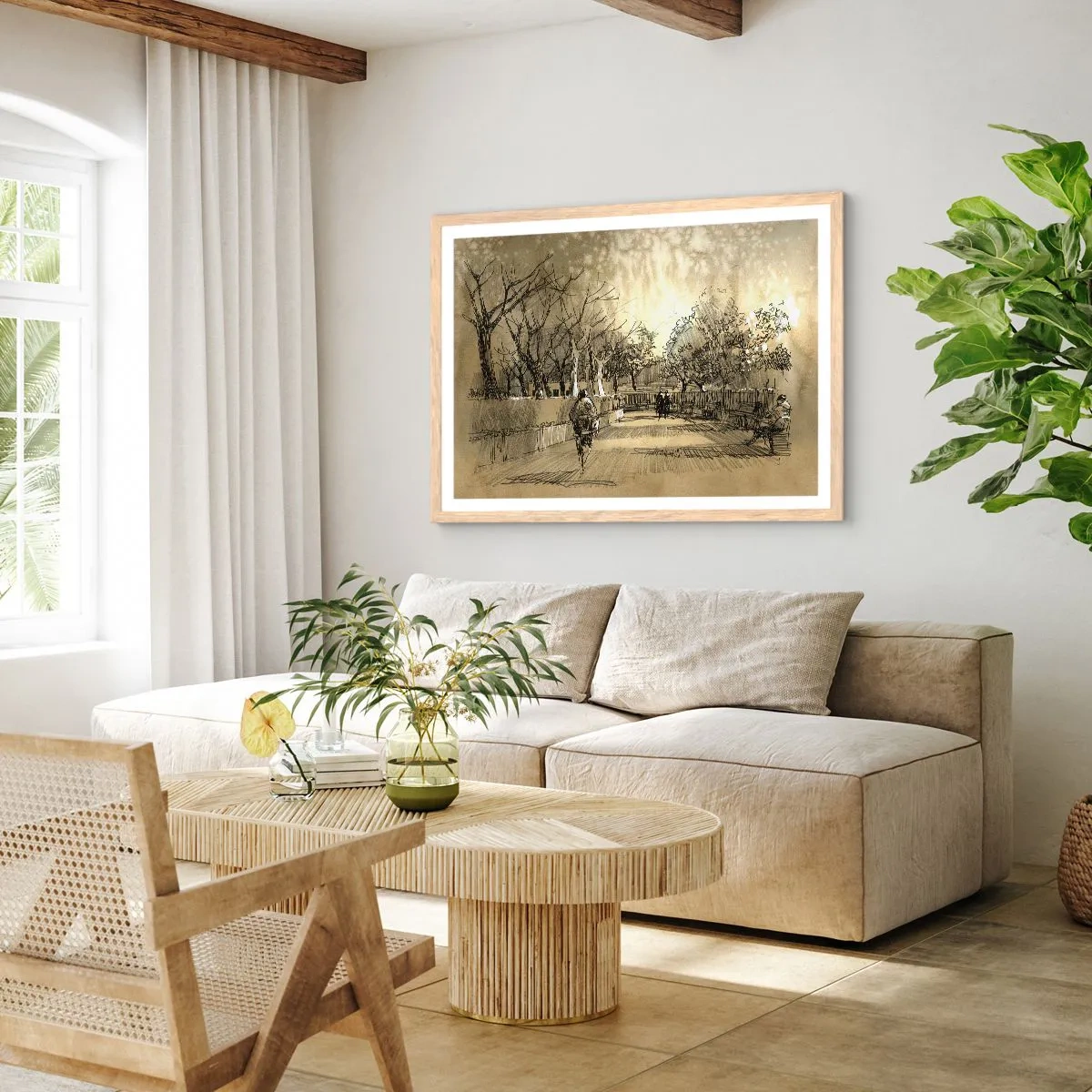 Affiche dans un chêne clair - Poster - Un moment arrêté avec une plume - 91x61 cm