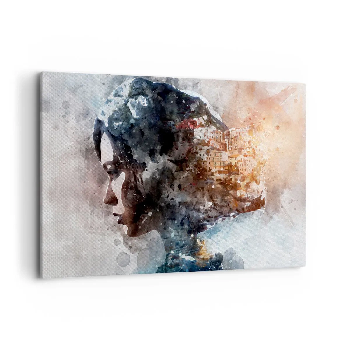 Impression sur toile - Image sur toile - Portrait d'une femme combinant son visage avec un paysage urbain en arrière-plan - 120x80cm - L'histoire d'une fille avec une ville en arrière-plan - Décoration murale moderne pour le salon et la chambre ARTTOR