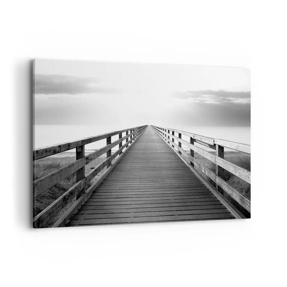 Impression sur toile - Image sur toile - Une image en noir et blanc d'une jetée en bois menant vers l'horizon. - 100x70cm - A perte de vue... - Décoration murale moderne pour le salon et la chambre ARTTOR