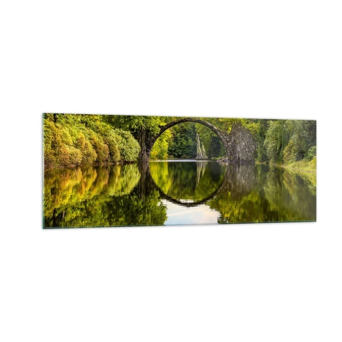 Impression sur verre - Image sur verre - Un pont de pierre sur une rivière avec un reflet parfait dans l'eau - 140x50cm - À la jonction de deux mondes - Décoration murale moderne pour le salon et la chambre ARTTOR