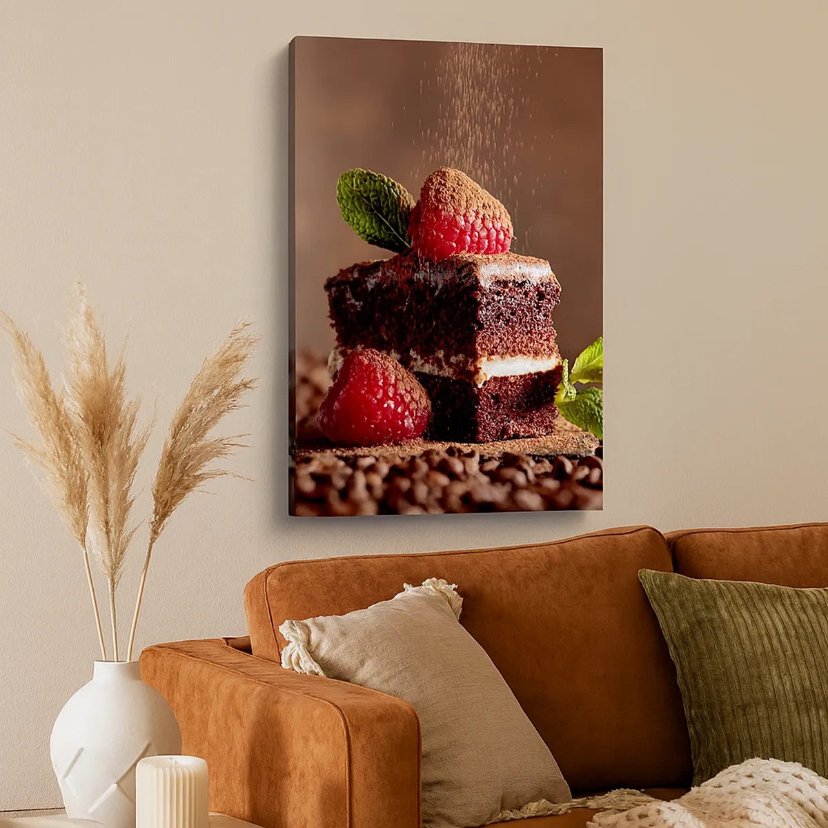 Impression sur toile - Image sur toile - Gâteau au chocolat aux framboises et à la menthe sur fond de fèves de cacao - 50x70cm - La vie est douce - Décoration murale moderne pour le salon et la chambre ARTTOR