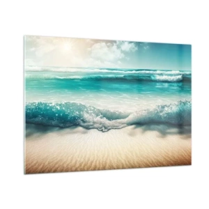 Impression sur verre - Image sur verre - Vagues turquoise de l'océan venant lécher une plage de sable - 100x70cm - La paix de l'océan - Décoration murale moderne pour le salon et la chambre ARTTOR