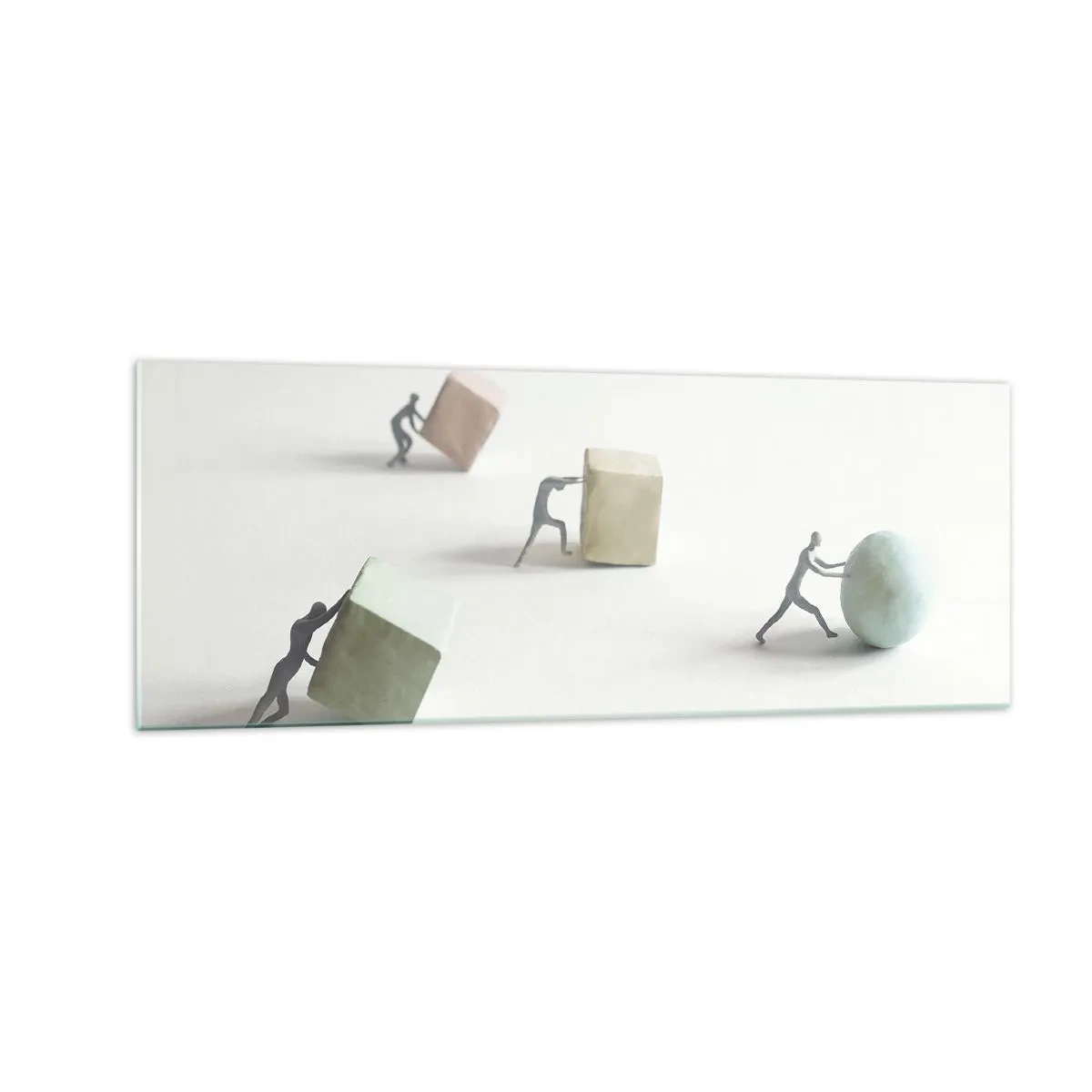 Impression sur verre - Image sur verre - Figurines miniatures poussant des formes sur un fond clair - 140x50cm - Rien que la vie - Décoration murale moderne pour le salon et la chambre ARTTOR