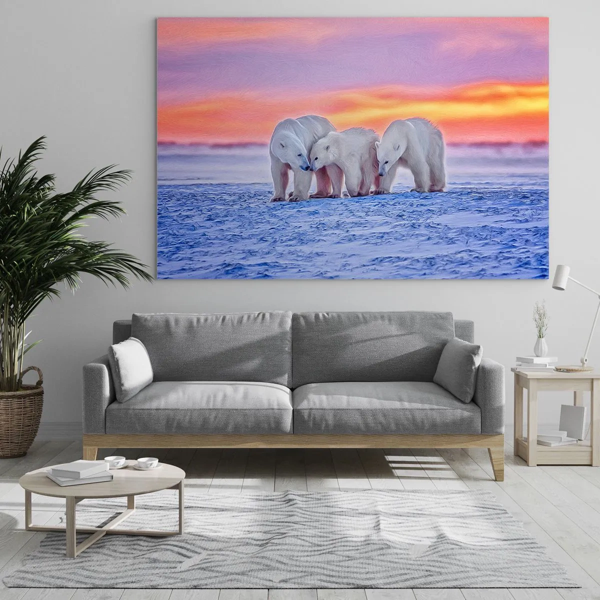 Impression sur verre - Image sur verre - Trois ours polaires sur un fond enneigé au coucher du soleil - 120x80cm - La chaleur familiale suffit - Décoration murale moderne pour le salon et la chambre ARTTOR