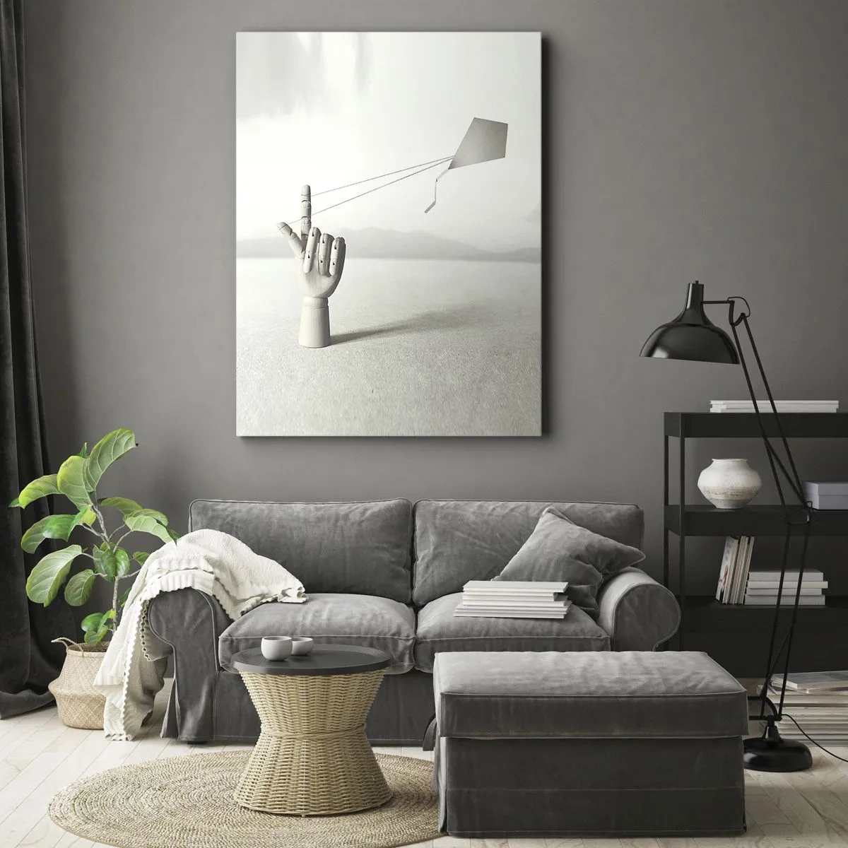 Impression sur toile - Image sur toile - Une main en bois minimaliste avec un cerf-volant sur un fond de paysage. - 70x100cm - Épreuve de force - Décoration murale moderne pour le salon et la chambre ARTTOR