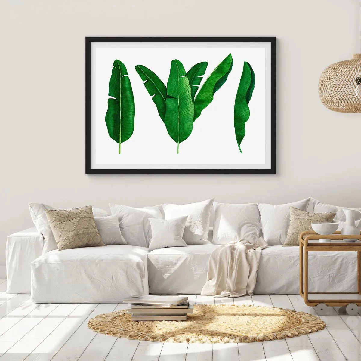 Affiche dans un cadre noir - Poster - Trois feuilles de bananier dans une approche artistique - 70x50cm - Symétrie verte - Décoration murale moderne pour le salon et la chambre ARTTOR