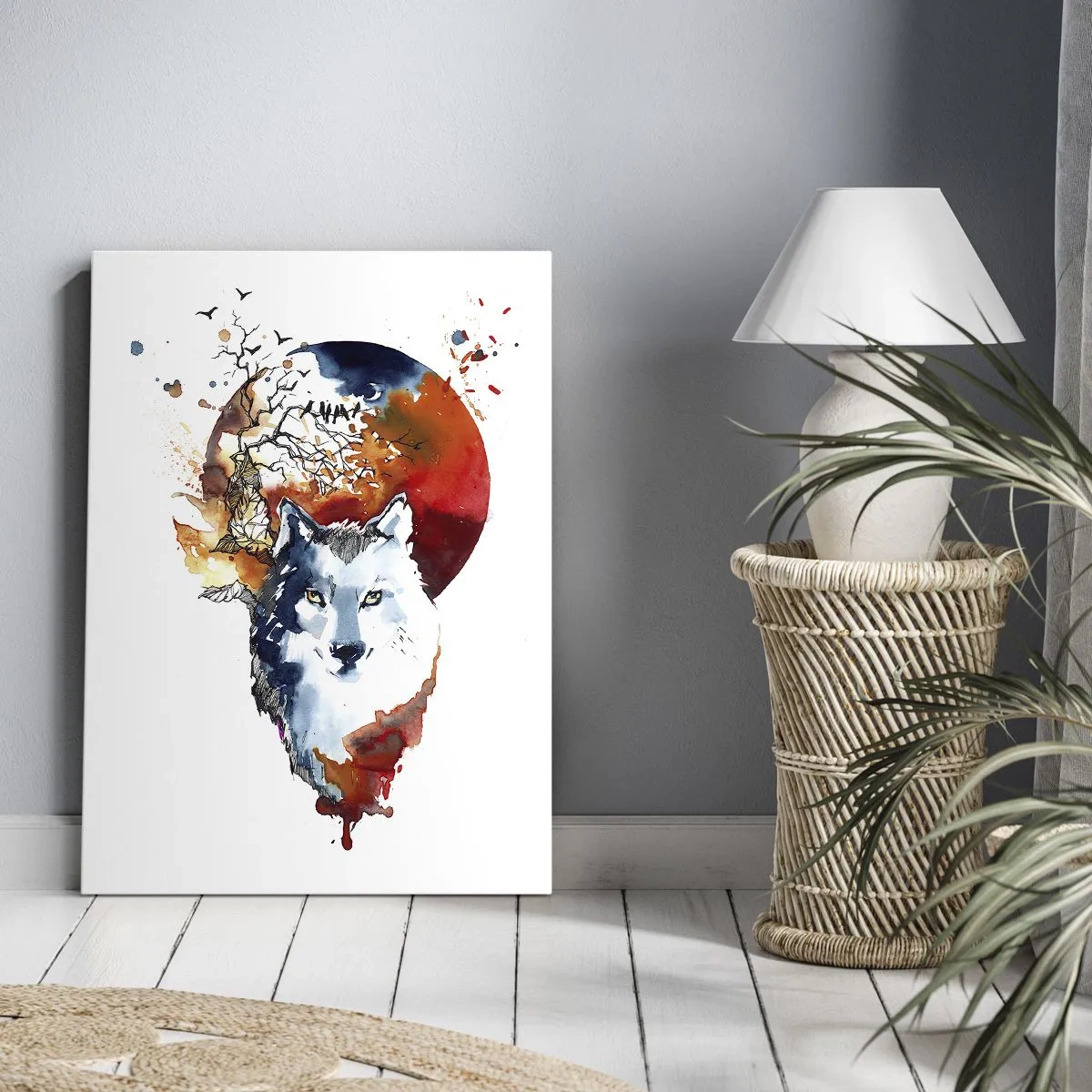 Impression sur toile - Image sur toile - Aquarelle abstraite d'un loup sur fond de lune rouge - 50x70cm - Nez à nez avec la nuit - Décoration murale moderne pour le salon et la chambre ARTTOR