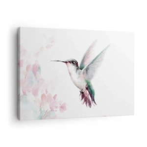 Impression sur toile - Image sur toile - Un colibri aux couleurs pastel délicates sur un fond de fleurs - 70x50cm - Immortalisé dans un battement - Décoration murale moderne pour le salon et la chambre ARTTOR