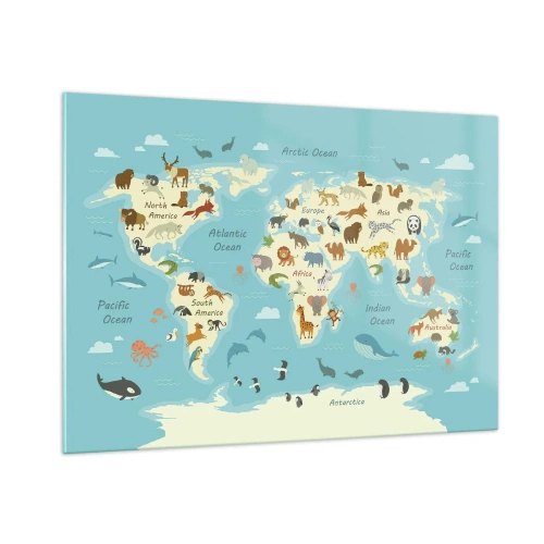 Impression sur verre - Image sur verre - Une carte du monde colorée avec des illustrations d'animaux de différents continents. - 100x70cm - De bons voisins - Décoration murale moderne pour le salon et la chambre ARTTOR