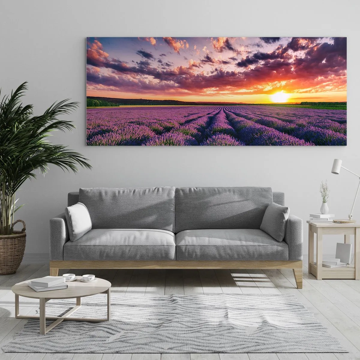 Impression sur verre - Image sur verre - Un champ de lavande au coucher du soleil avec un ciel coloré - 120x50cm - Monde de lavande - Décoration murale moderne pour le salon et la chambre ARTTOR