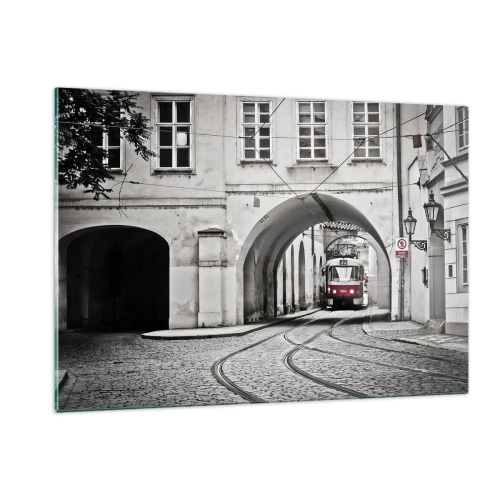 Impression sur verre - Image sur verre - Tramway noir et blanc dans une vieille rue - 120x80cm - Dans le labyrinthe de la ville - Décoration murale moderne pour le salon et la chambre ARTTOR