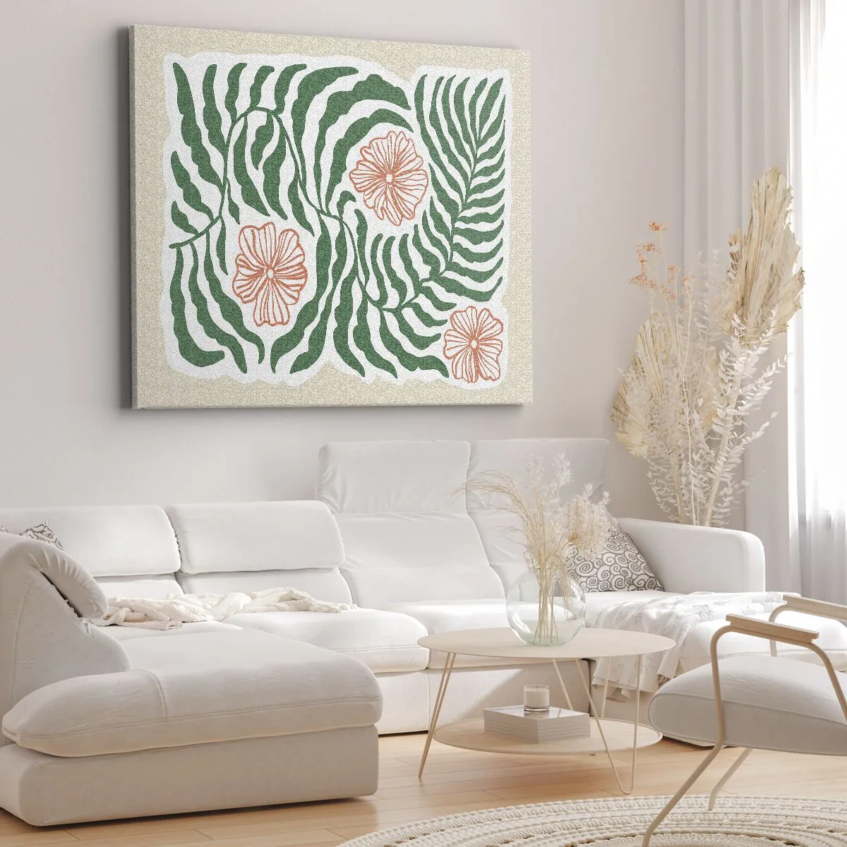 Impression sur toile - Image sur toile - Un motif minimaliste de feuilles vertes avec des fleurs dans des tons orange. - 70x50cm - Fleurit en vert - Décoration murale moderne pour le salon et la chambre ARTTOR