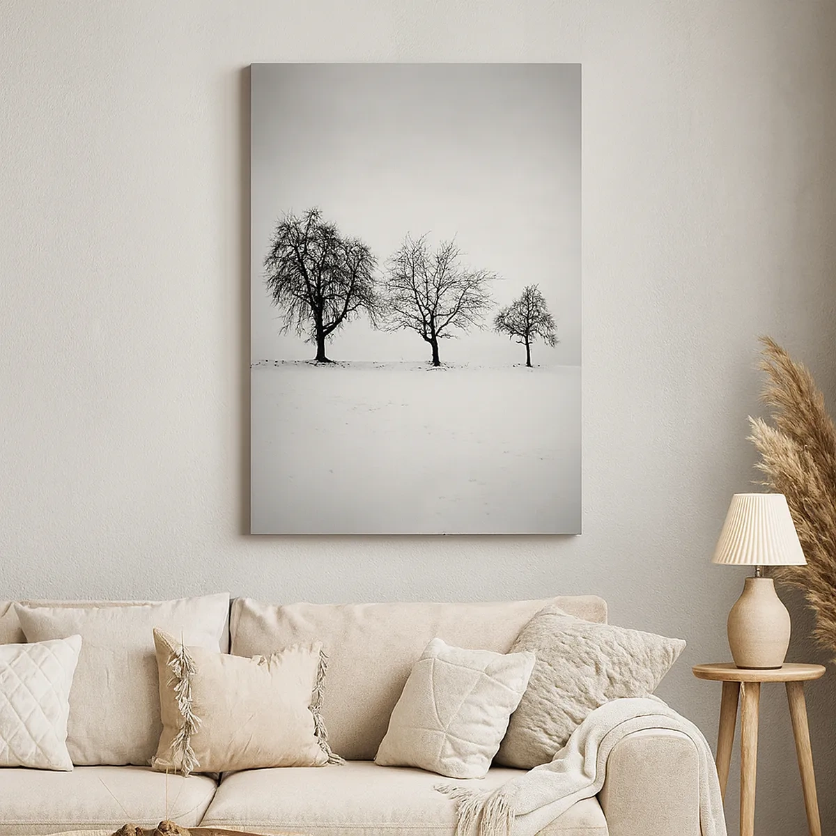 Impression sur toile - Image sur toile - Trois arbres dans un champ enneigé dans un style monochrome - 50x70cm - A quoi rêvent-ils? - Décoration murale moderne pour le salon et la chambre ARTTOR