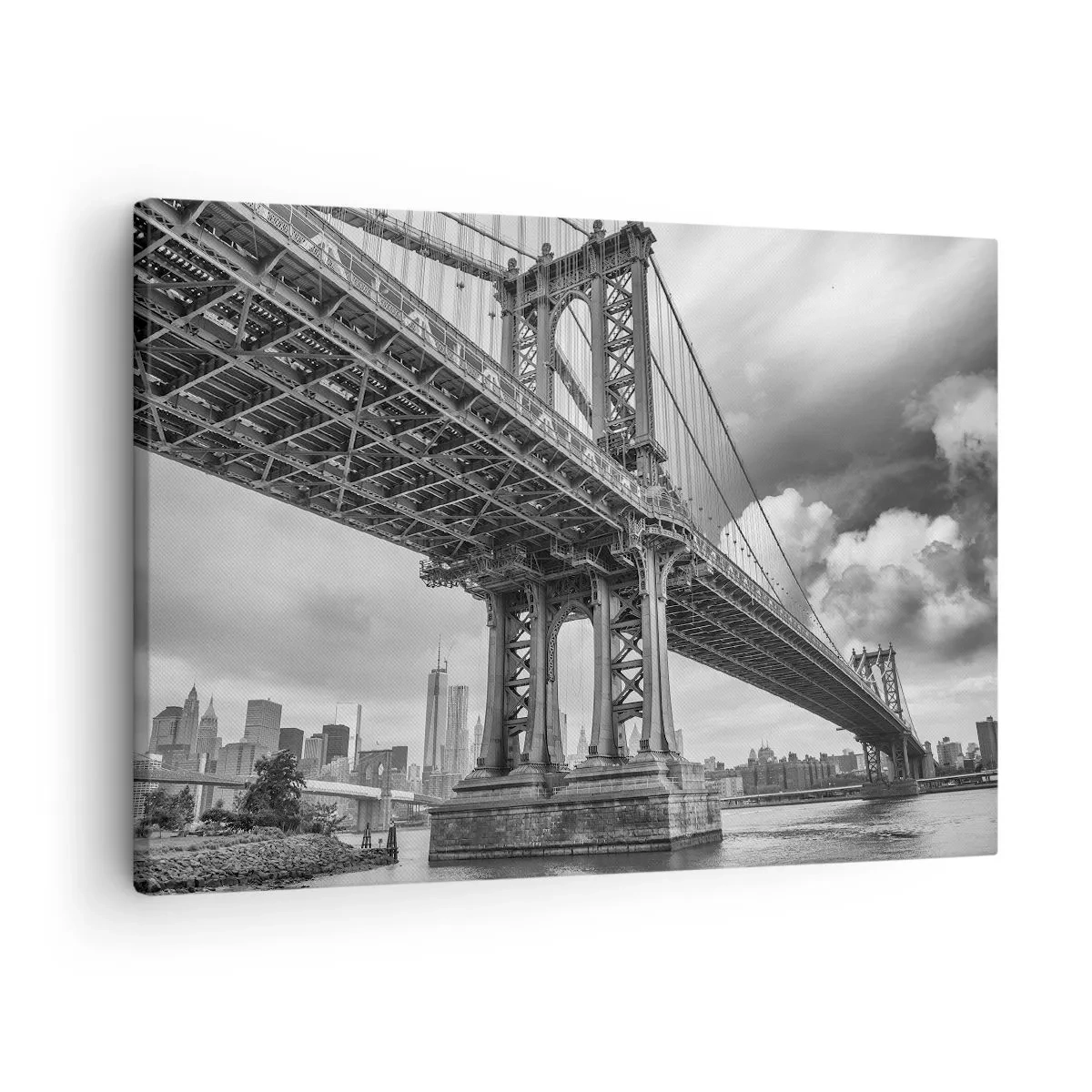 Impression sur toile - Image sur toile - Un pont en noir et blanc avec vue sur la ville - 70x50cm - Au coeur de la ville - Décoration murale moderne pour le salon et la chambre ARTTOR