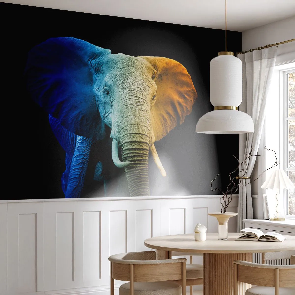 Papier Peint Photo Premium Sand - Éléphant coloré sur fond noir avec un effet dégradé - 100x70cm - Excentrique, pas bizarre - Décoration murale moderne pour le salon et la chambre ARTTOR