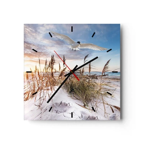 Horloge murale - Pendule murale - Plage avec des mouettes volant au coucher du soleil - 30x30cm - Vent de mer - Décoration murale moderne pour le salon et la chambre ARTTOR