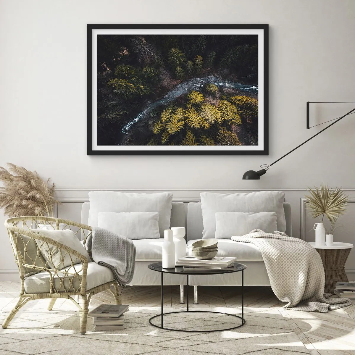 Affiche dans un cadre noir - Poster - Vue d'en haut d'une forêt avec une rivière sinueuse - 70x50cm - De plus en plus vite - Décoration murale moderne pour le salon et la chambre ARTTOR