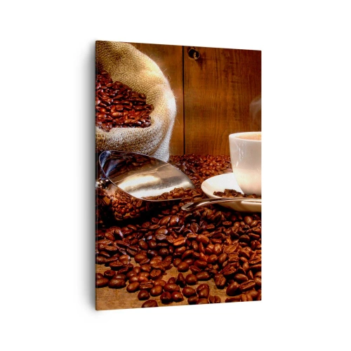 Impression sur toile - Image sur toile - Une tasse de café avec des grains de café et un sac de céréales en arrière-plan - 70x100cm - Sentez-vous cette odeur? - Décoration murale moderne pour le salon et la chambre ARTTOR
