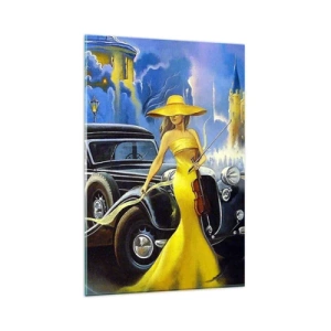 Impression sur verre - Image sur verre - Une femme en robe jaune avec un violon à côté d'une voiture rétro. - 80x120cm - Nocturne pour violon et amour - Décoration murale moderne pour le salon et la chambre ARTTOR