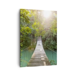 Impression sur toile - Image sur toile - Un pont suspendu dans une forêt tropicale illuminée par la lumière du soleil. - 50x70cm - De l'eau azur à la forêt azur - Décoration murale moderne pour le salon et la chambre ARTTOR