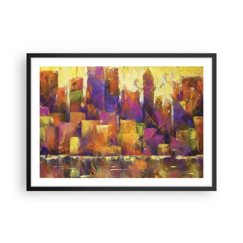 Affiche dans un cadre noir - Poster - Composition abstraite d'une métropole dans les tons jaune et violet - 70x50cm - Composition métropolitaine - Décoration murale moderne pour le salon et la chambre ARTTOR