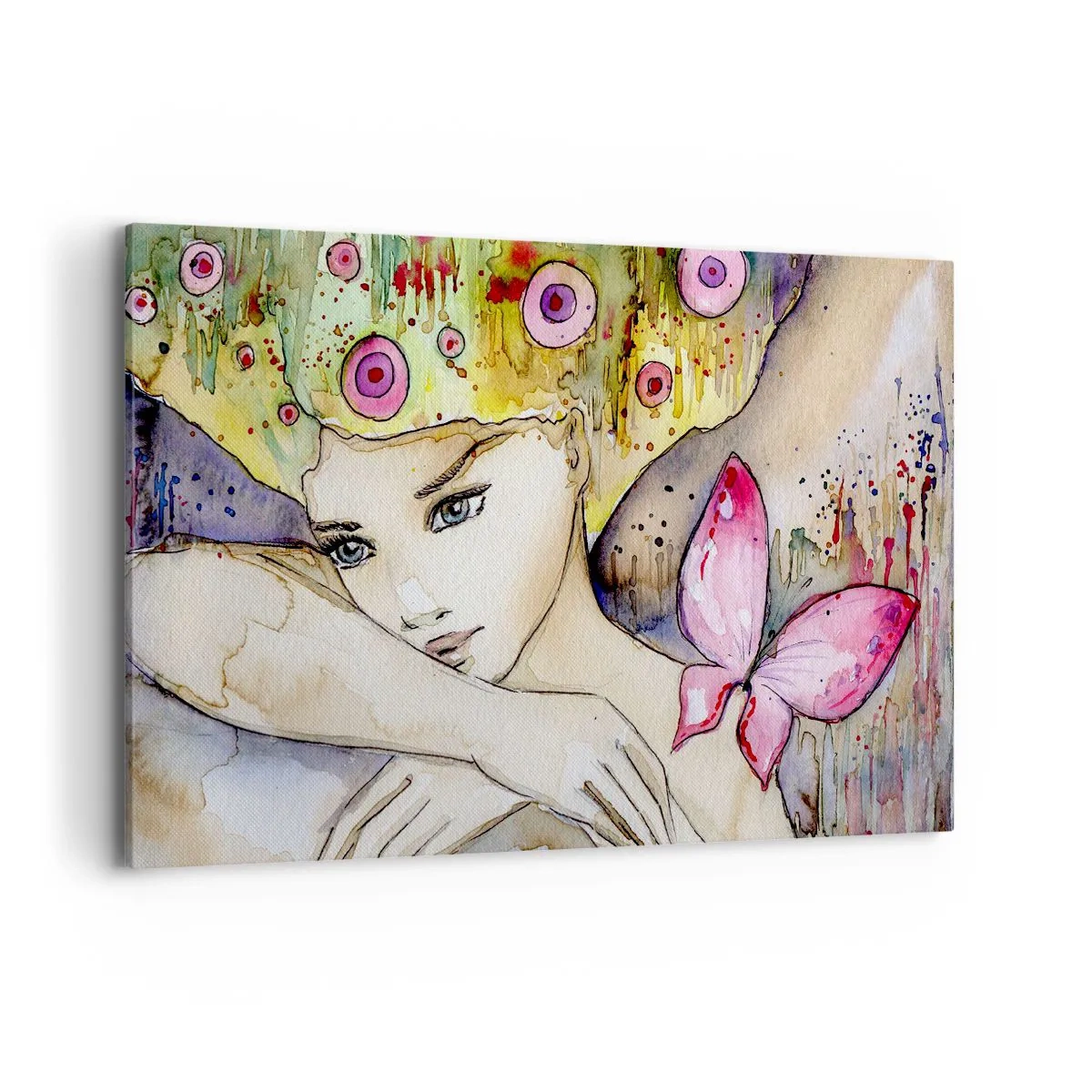Impression sur toile - Image sur toile - Une femme avec une coiffure abstraite et un papillon rose - 120x80cm - La princesse papillon - Décoration murale moderne pour le salon et la chambre ARTTOR
