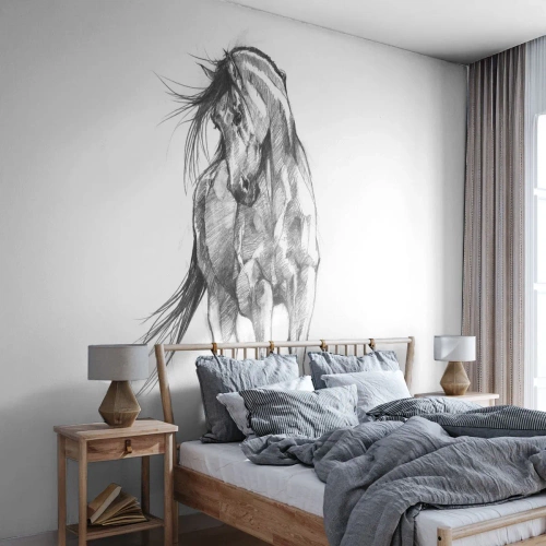 Papier Peint Photo Premium Sand - Croquis en noir et blanc d'un cheval au galop - 100x70cm - D'un trot gracieux - Décoration murale moderne pour le salon et la chambre ARTTOR