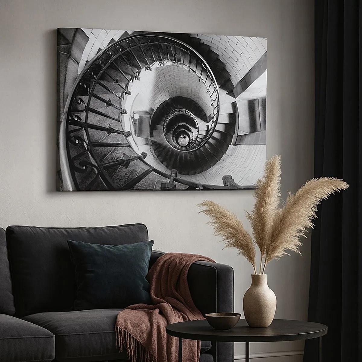 Impression sur toile - Image sur toile - Photographie en noir et blanc d'un escalier en colimaçon avec une perspective de haut en bas - 70x50cm - De plus en plus haut - Décoration murale moderne pour le salon et la chambre ARTTOR