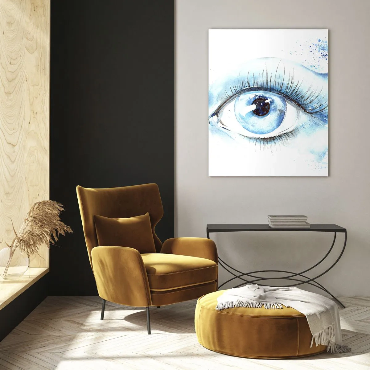 Impression sur verre - Image sur verre - Aquarelle artistique d'un œil avec une vague dynamique - 80x120cm - Plongez-vous dans le bleu du regard - Décoration murale moderne pour le salon et la chambre ARTTOR